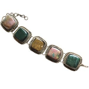 Vintage Fancy Jasper Silver Bracelet With Stones Vtg Jewelry